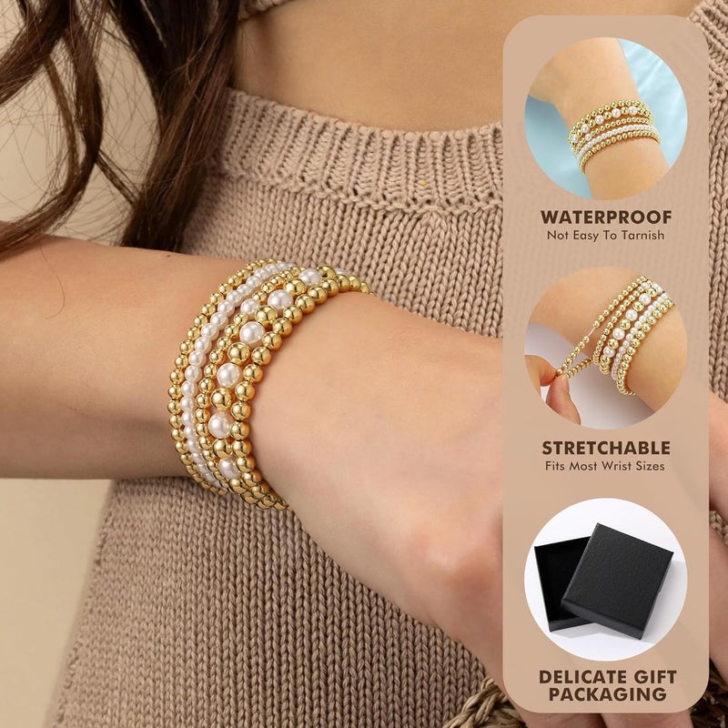 Yoosteel Valentines Day Gifts for Women Teen Girl Gifts Non Tarnish - 14K Gold Plated Dainty Round Beaded Ball Pearl Cross Bracelet Stack Set for Women Trendy Teenage Girls Stackable Jewelry Gift - Image 5